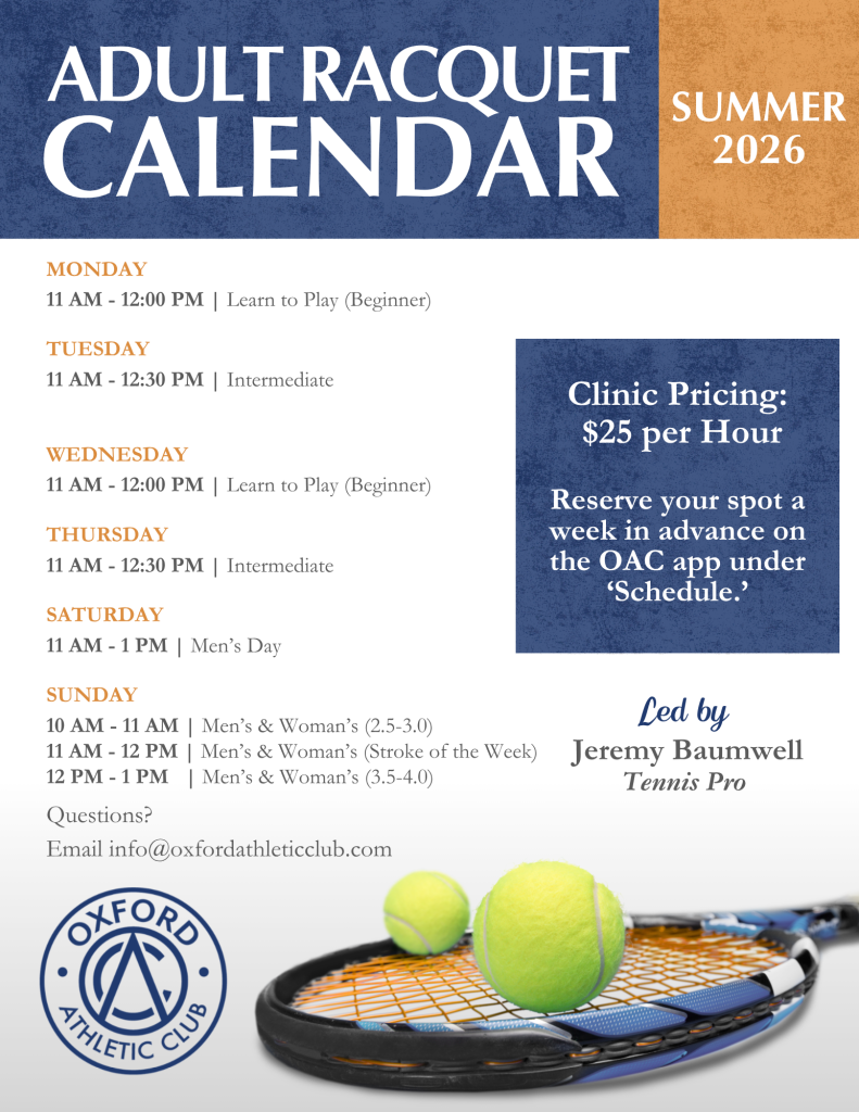 Promotional calendar poster for Oxford Athletic Club featuring tennis lessons by day (Mon–Sun), with a blue pricing box on the right and tennis gear at the bottom.