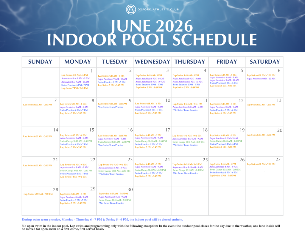 June 2026 indoor pool schedule for Oxford Athletic Club—daily swim times and classes in a calendar grid.