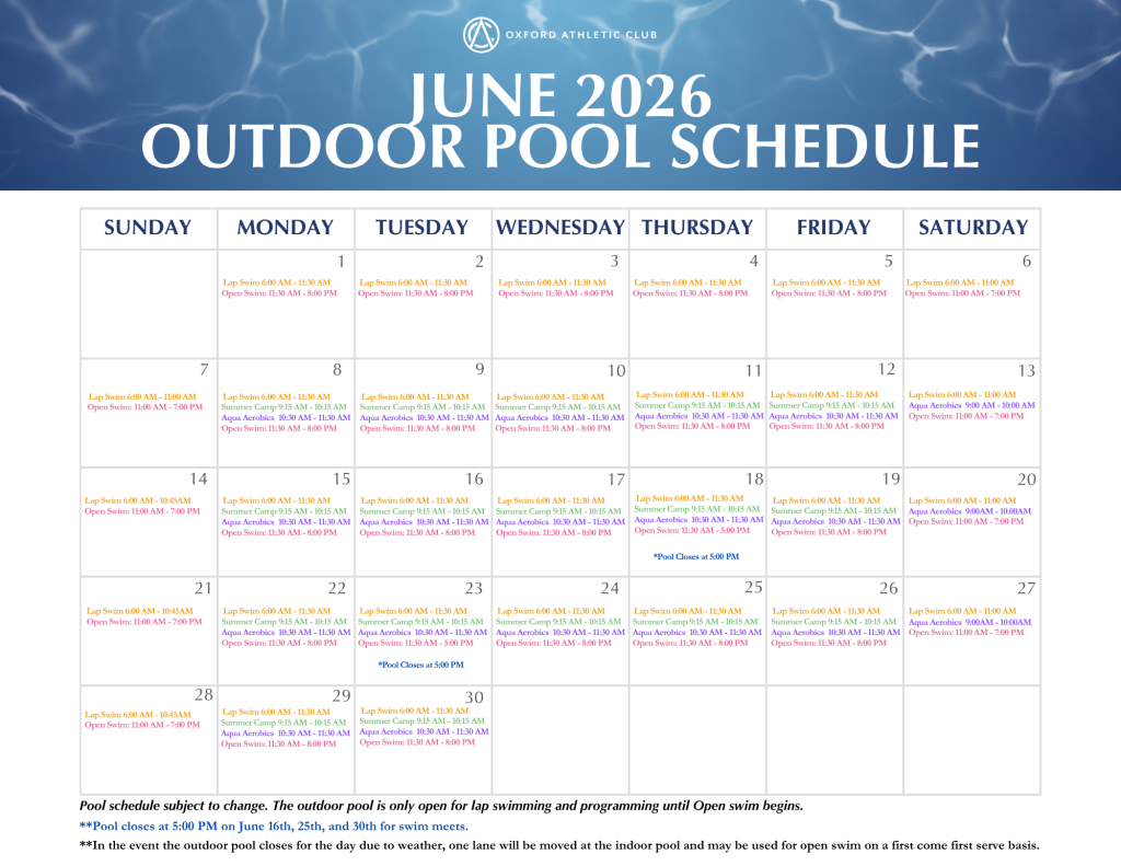 June 2026 outdoor pool schedule calendar for Oxford Athletic Club, showing daily swim times (lap, open, aqua classes) in color-coded entries.
