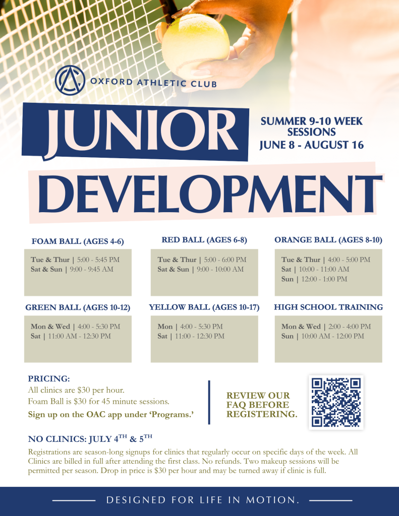 Oxford Athletic Club Junior Development flyer with tennis net and ball, listing age-group sessions and times.