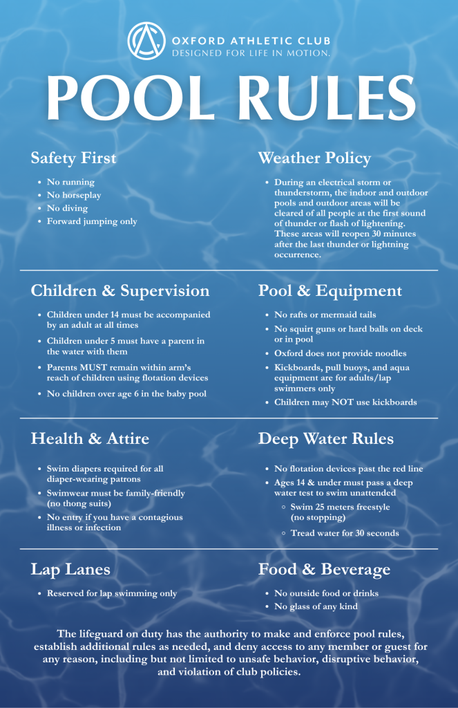 Blue pool rules poster with 'POOL RULES' title and sections on safety, supervision, and policies around a watery background.