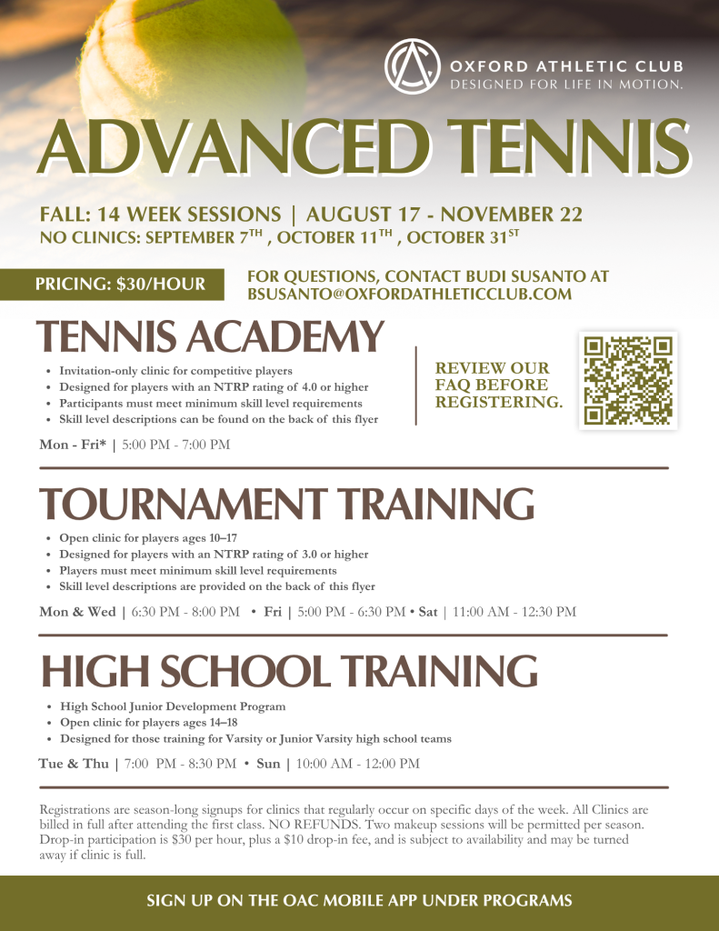 Promotional flyer for Oxford Athletic Club: Advanced Tennis program with schedules, pricing, and a QR code for signup.