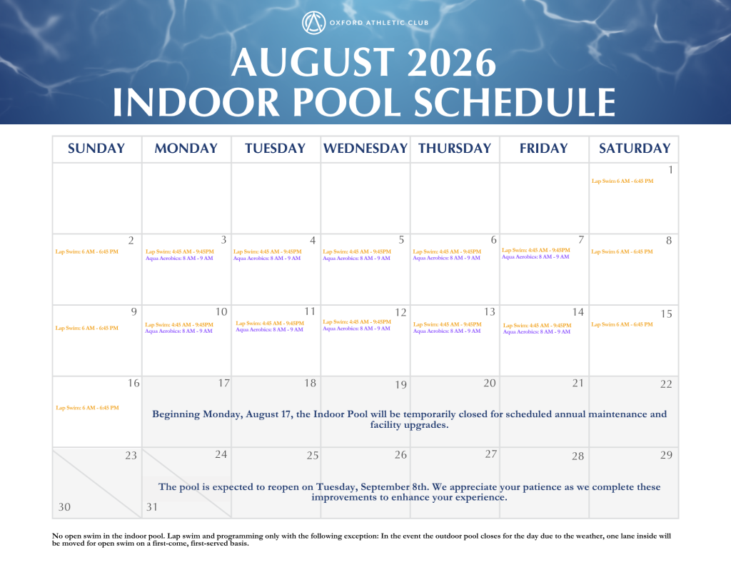 August 2026 indoor pool schedule calendar with daily activity blocks (Lap Swim, Aqua Aerobics) and a temporary closure notice.