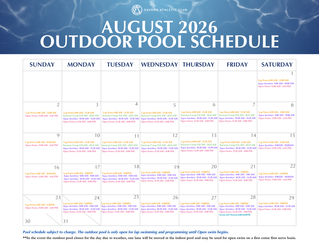 Calendar showing Oxford Athletic Club's August 2026 outdoor pool schedule with daily lap swim, aqua aerobics, open swim, and events by day