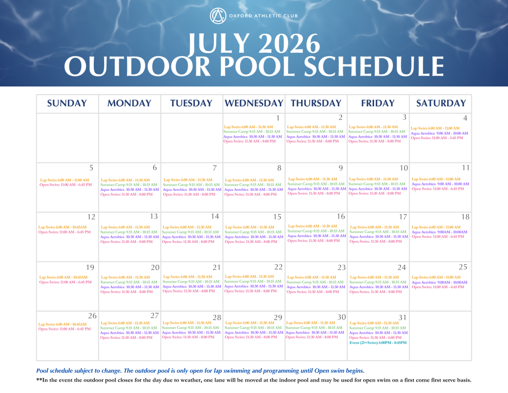 July 2026 outdoor pool schedule for Oxford Athletic Club shown as a day-by-day calendar with swim times and camps.