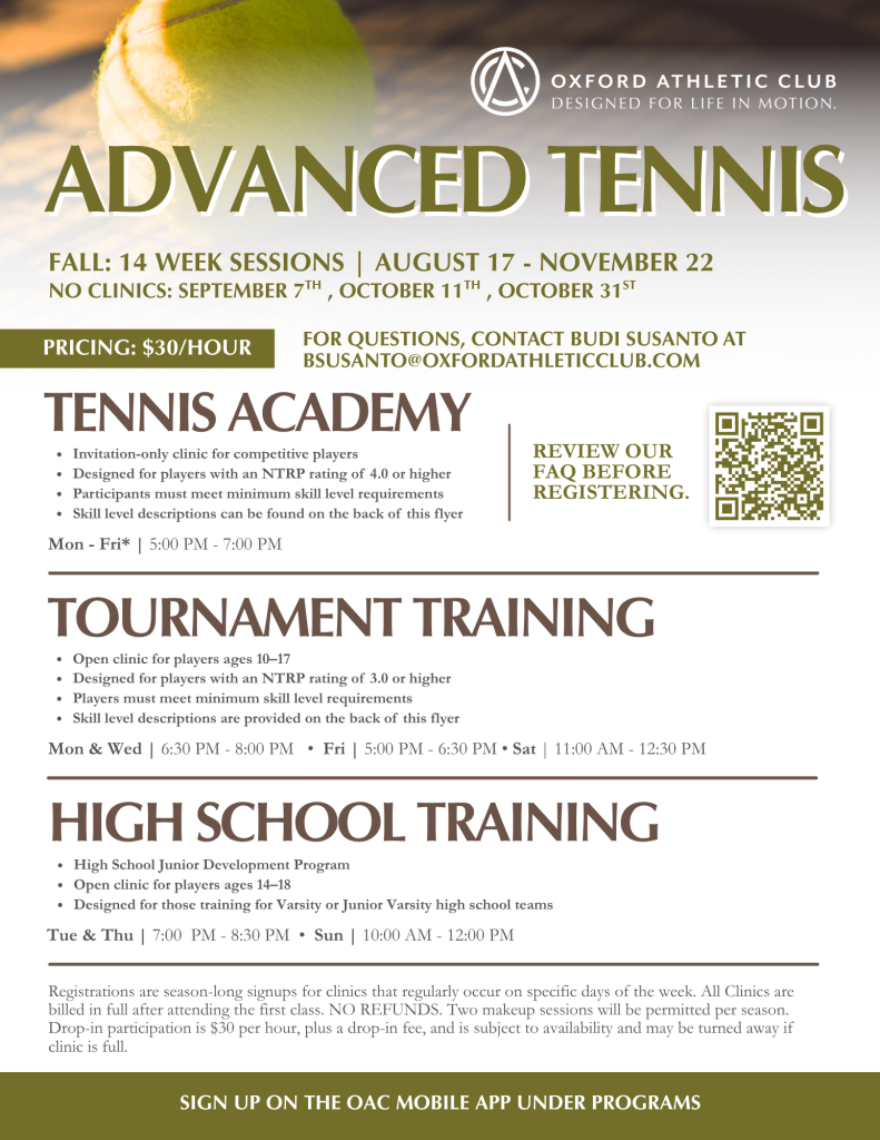 Large flyer for Oxford Athletic Club promoting Advanced Tennis with a tennis ball, schedule, and a QR code; highlights pricing and contacts.
