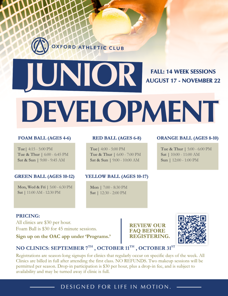 Oxford Athletic Club Junior Development flyer showing 14-week fall sessions and age-group schedules with boxes for foam, red, orange, green, and yellow balls.